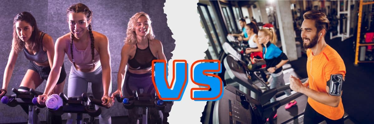 Exercise Bike vs Treadmill: three women riding exercise bikes on the left, a few people running on treadmills on the right and both images separated by a big VS 